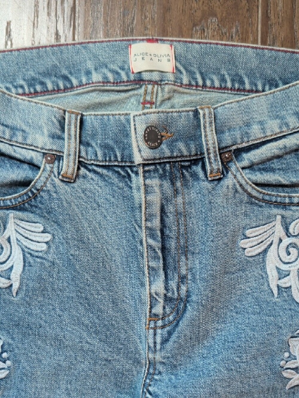 Alice + Olivia Light Blue Embroidered Flare Jeans - Picture 7 of 7